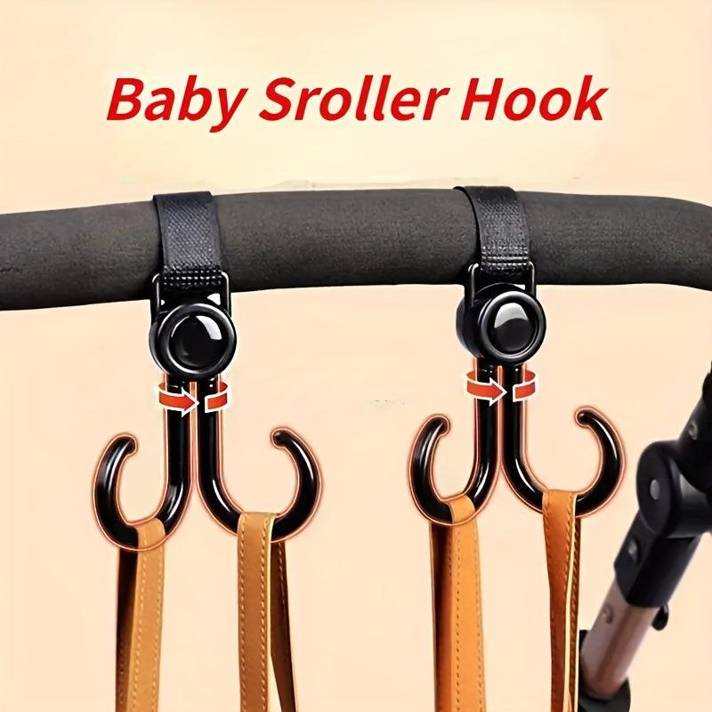 2pcs Rotatable Dual Hook Stroller Hanging Hook with Fastener Strap