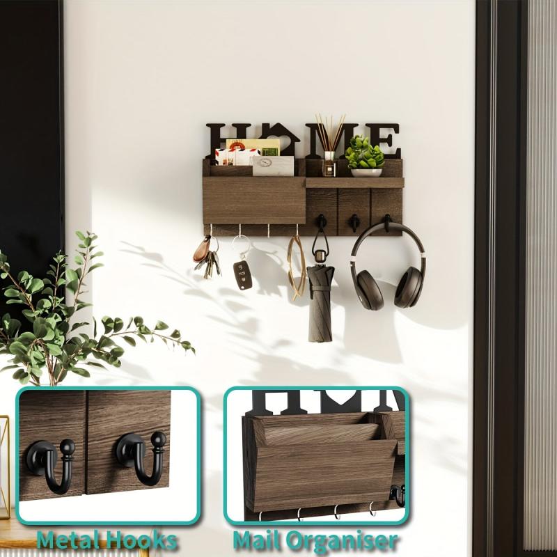 Wall Mounted Key Holder with Multiple Hooks for Keys Mail and Sundries