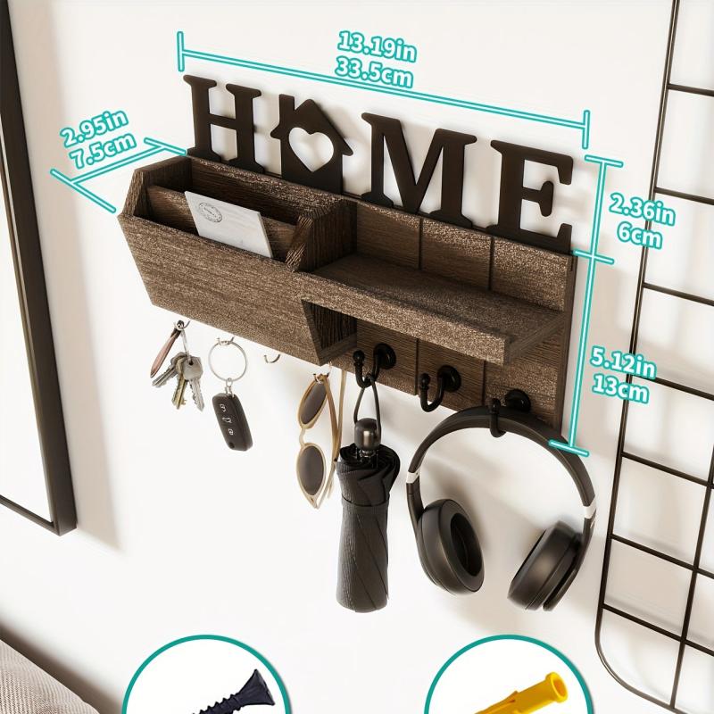 Wall Mounted Key Holder with Multiple Hooks for Keys Mail and Sundries