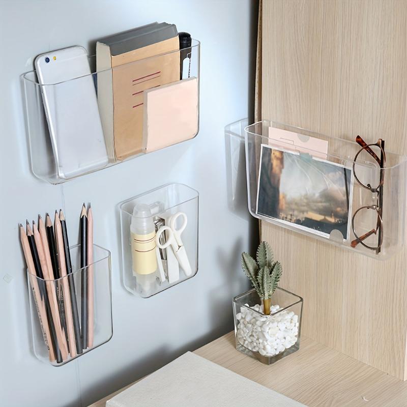 Transparent Pencil Holder Wall Mounted Note Phone Stationery Sto