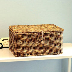 Boho Square Woven Basket With Lid Household Storage Organizer