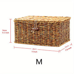 Boho Square Woven Basket With Lid Household Storage Organizer