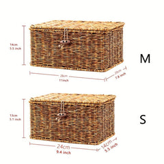Boho Square Woven Basket With Lid Household Storage Organizer