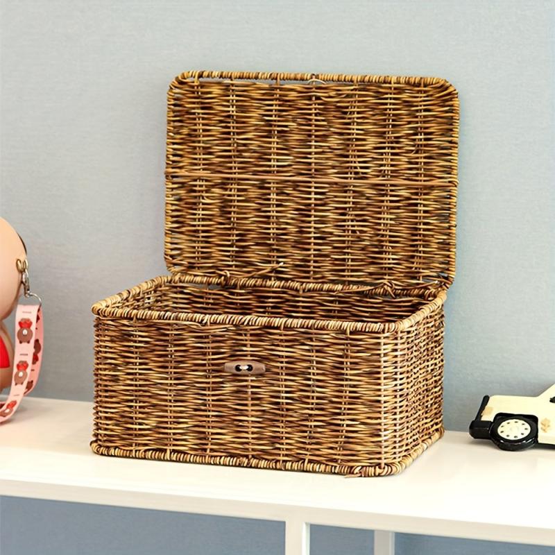Boho Square Woven Basket With Lid Household Storage Organizer