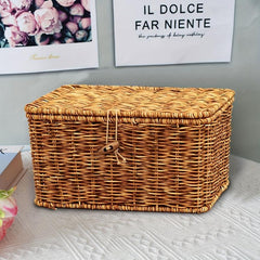 Boho Square Woven Basket With Lid Household Storage Organizer