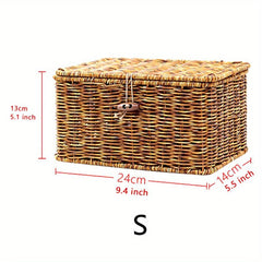 Boho Square Woven Basket With Lid Household Storage Organizer