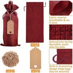 12pcs Jute Red Wine Bag Gift Bag Wine Bottle Bags With Drawstrings