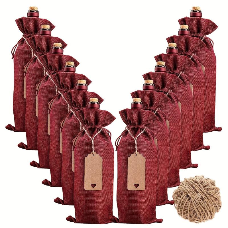 12pcs Jute Red Wine Bag Gift Bag Wine Bottle Bags With Drawstrings