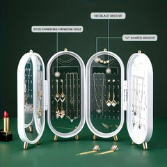 Portable Jewelry Storage Box with Mirror and Rack for Necklaces Earrings Rings