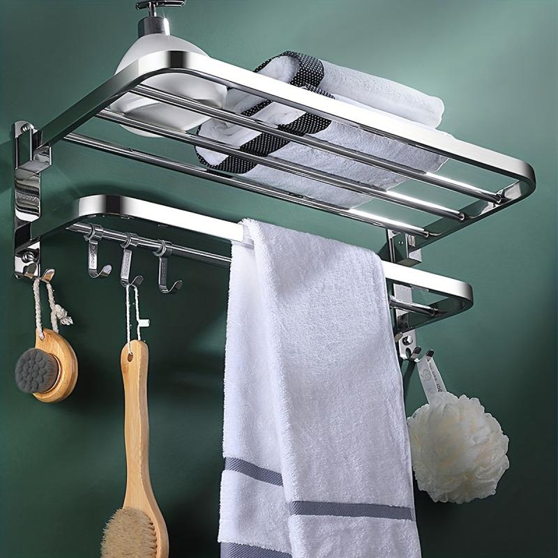 Stainless Steel Wall Mount Towel Rack with Hooks and Pole