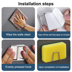 3pcs Stainless Steel Rack Hook Kitchen Sink Sponge Holder Self Adhesive