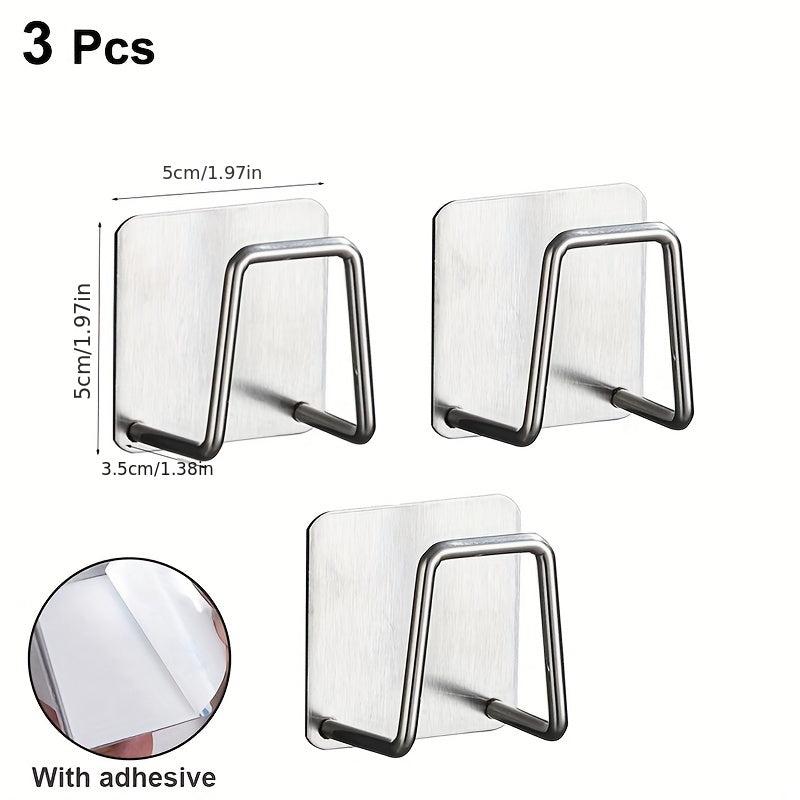 3pcs Stainless Steel Rack Hook Kitchen Sink Sponge Holder Self Adhesive