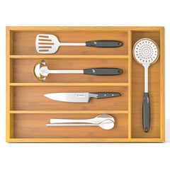 Bamboo Kitchen Drawer Organizer with Cutlery Tray & Dividers