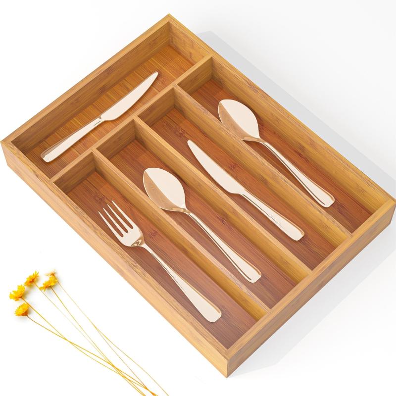Bamboo Kitchen Drawer Organizer with Cutlery Tray & Dividers
