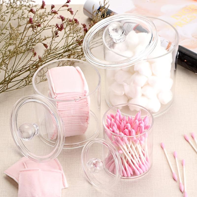 Acrylic Swab Organizer with Lid for Makeup Swabs - Bathroom and Dresser Storage