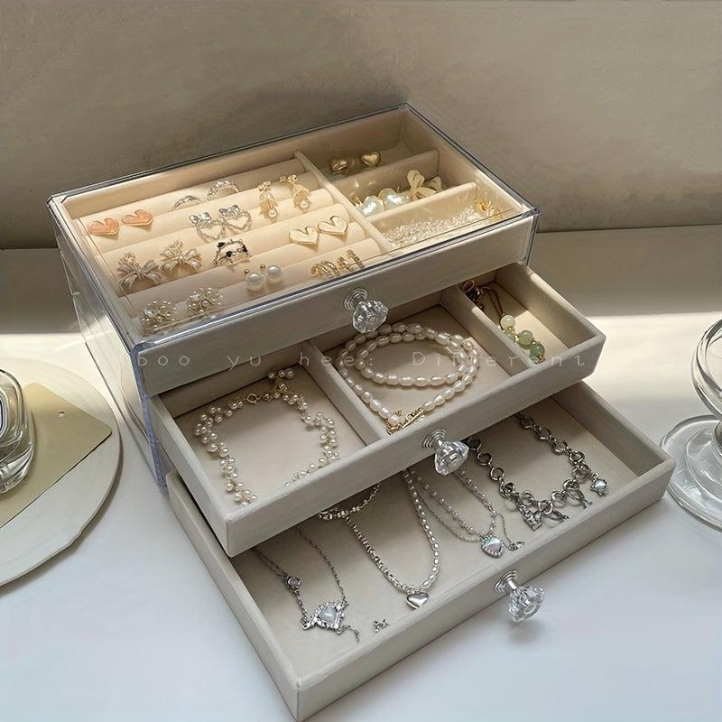 3-Drawer Velvet Jewelry Box - Desktop Organizer