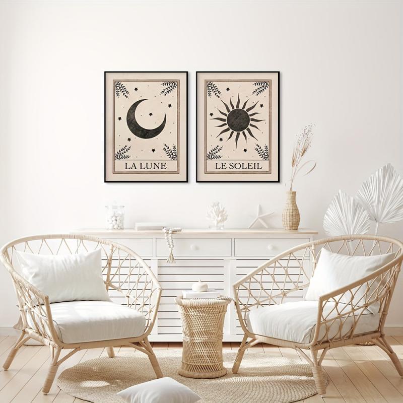 Boho Tarot Art Prints Set - Moon and Sun Wall Decor