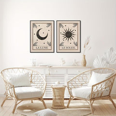 Boho Tarot Art Prints Set - Moon and Sun Wall Decor