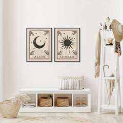 Boho Tarot Art Prints Set - Moon and Sun Wall Decor