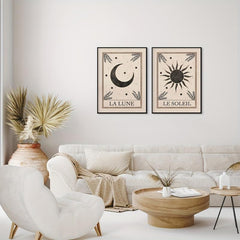 Boho Tarot Art Prints Set - Moon and Sun Wall Decor