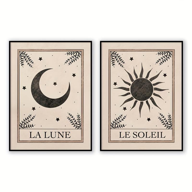 Boho Tarot Art Prints Set - Moon and Sun Wall Decor