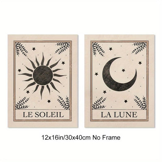 Boho Tarot Art Prints Set - Moon and Sun Wall Decor