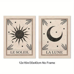 Boho Tarot Art Prints Set - Moon and Sun Wall Decor