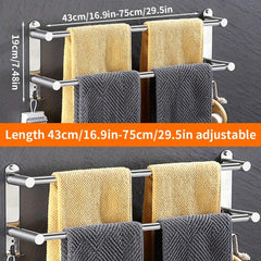 Stainless Steel Towel Bar with Hooks 17-30 Inch Bathroom Rack