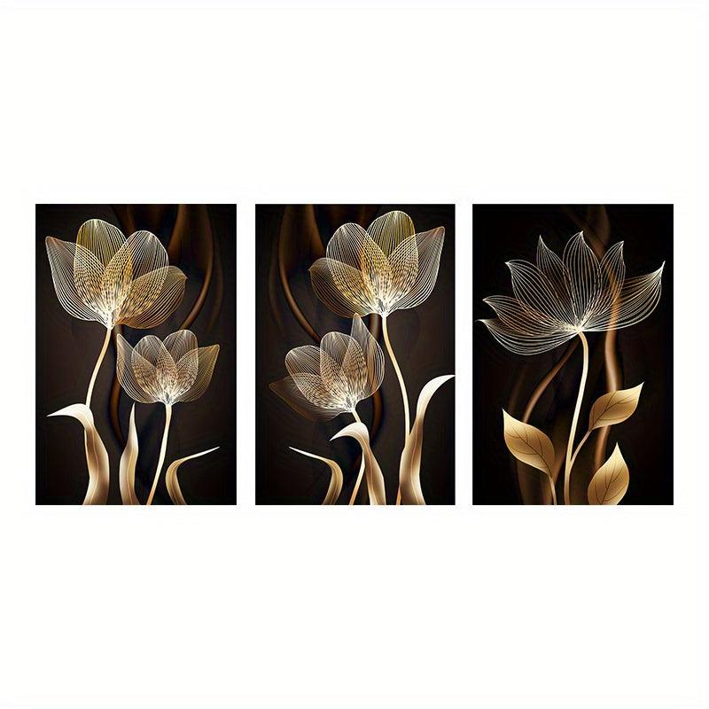 3pcs Abstract & Golden Flower Canvas Art for Living Room Decor