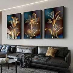 3pcs Abstract & Golden Flower Canvas Art for Living Room Decor