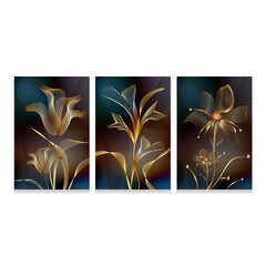 3pcs Abstract & Golden Flower Canvas Art for Living Room Decor