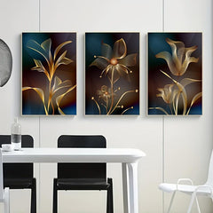 3pcs Abstract & Golden Flower Canvas Art for Living Room Decor