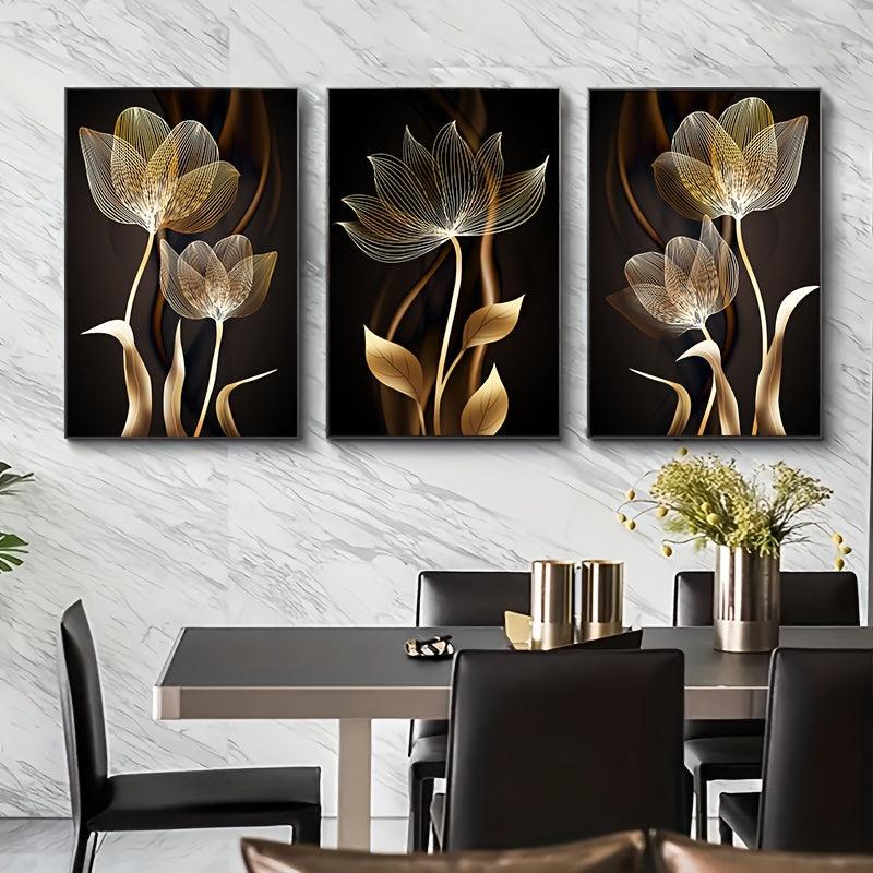3pcs Abstract & Golden Flower Canvas Art for Living Room Decor