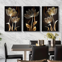 3pcs Abstract & Golden Flower Canvas Art for Living Room Decor