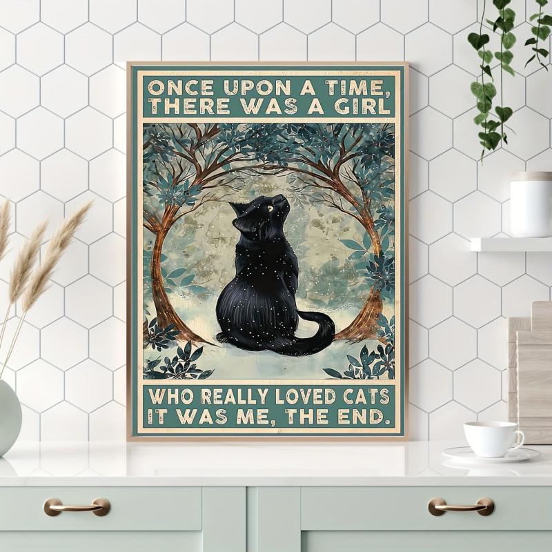 Once Upon a Time Girl Retro Canvas Print Poster Cat Snow Home Room Decor
