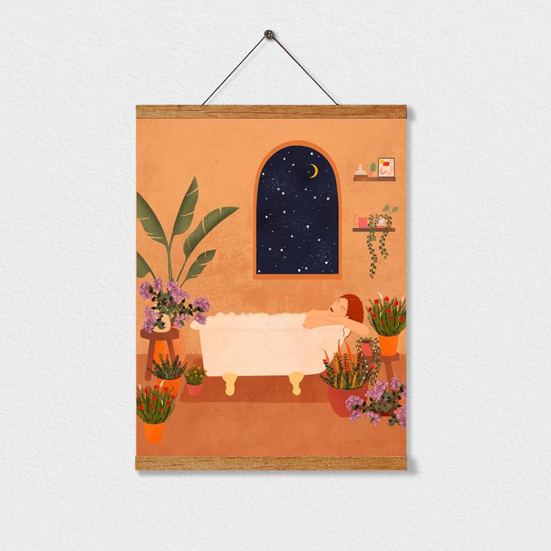 Art Canvas Painting Woman Bathing with Plants, Wall Art for Bathroom Bedroom