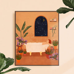 Art Canvas Painting Woman Bathing with Plants, Wall Art for Bathroom Bedroom