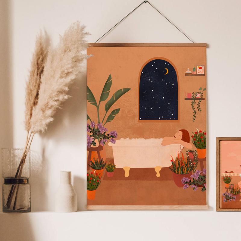 Art Canvas Painting Woman Bathing with Plants, Wall Art for Bathroom Bedroom