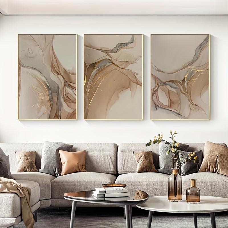 3pcs Beige Golden Marble Fluid Canvas Wall Art