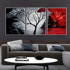 3pc Modern Landscape Art Prints & Red Volcanic Eruption Poster for Home Decor