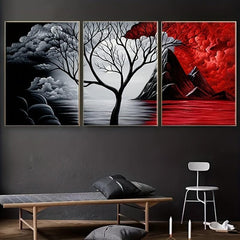 3pc Modern Landscape Art Prints & Red Volcanic Eruption Poster for Home Decor