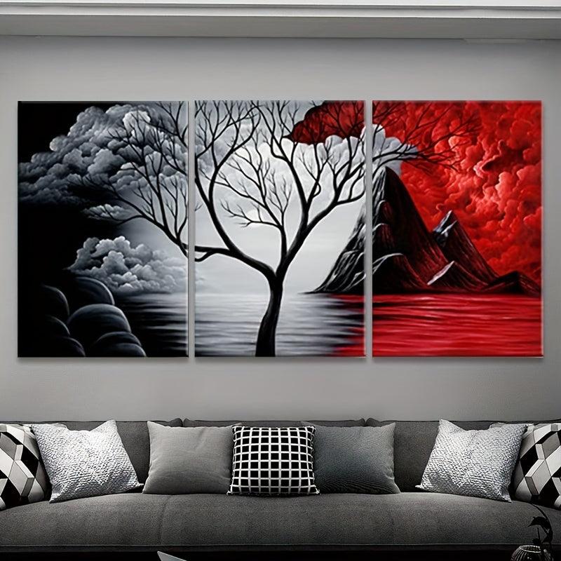 3pc Modern Landscape Art Prints & Red Volcanic Eruption Poster for Home Decor