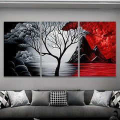 3pc Modern Landscape Art Prints & Red Volcanic Eruption Poster for Home Decor