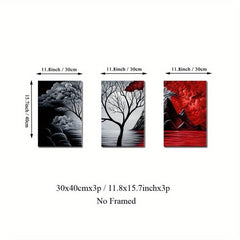 3pc Modern Landscape Art Prints & Red Volcanic Eruption Poster for Home Decor