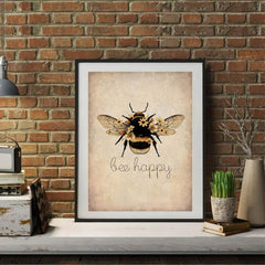 Canvas Poster Bee Happy Print Nature Wall Art Home Decor