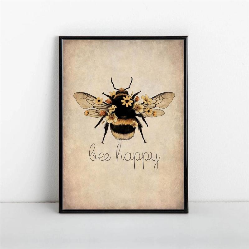 Canvas Poster Bee Happy Print Nature Wall Art Home Decor