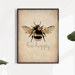 Canvas Poster Bee Happy Print Nature Wall Art Home Decor