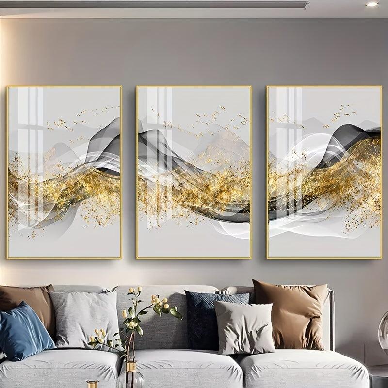 3pcs Minimalist Sofa Background Wall Paintings - Ink Foil Bird Tri