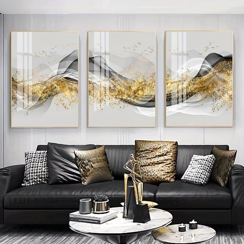 3pcs Minimalist Sofa Background Wall Paintings - Ink Foil Bird Tri