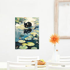 Cat Drinking Water On Lotus Leaves Canvas Poster Wall Art